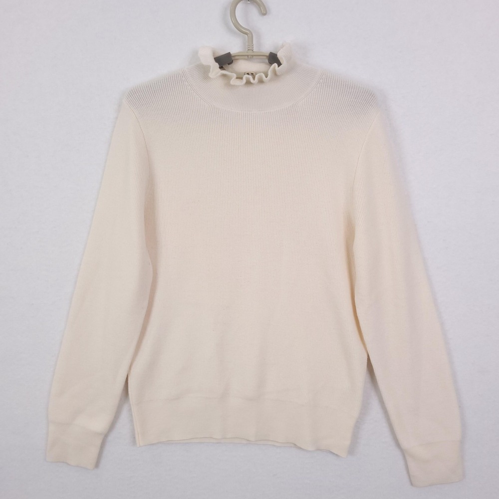 J.Crew Sweater Womens Medium White Merino Wool Blend Ruffle Mock Neck Pullover